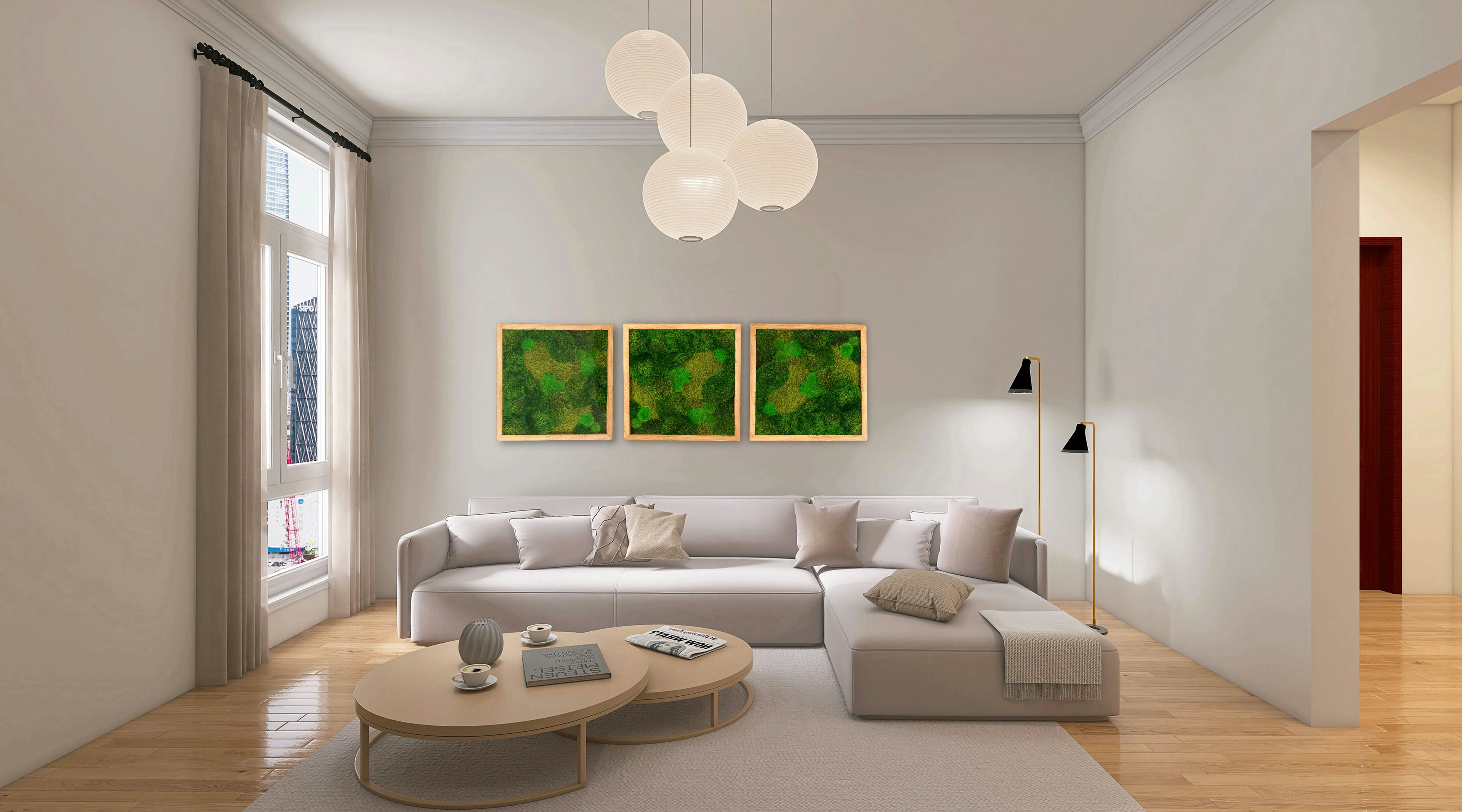 Handgefertigte Moosbilder „Hills & Valleys“ in Holzrahmen - eine kunstvolle Wanddekoration aus echten Moosen in verschiedenen Grüntönen in einem hellen Wohnzimmer.