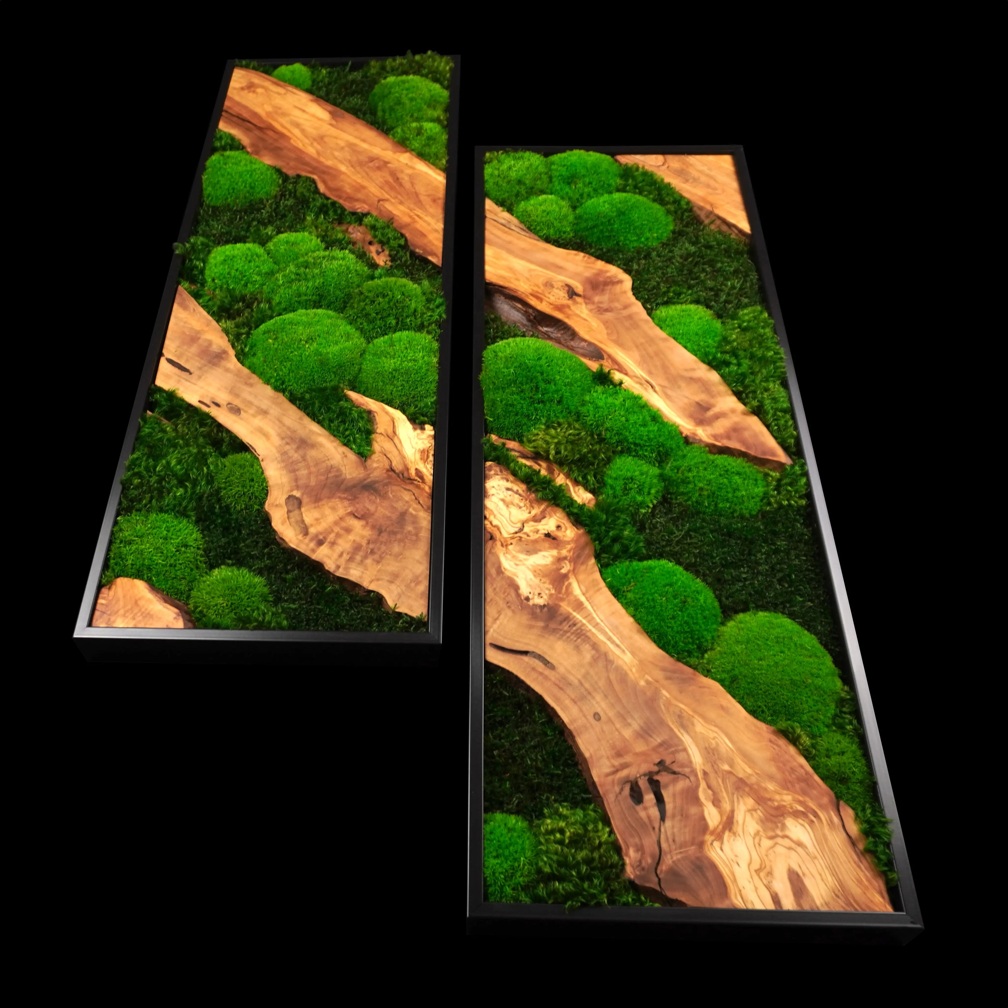 Zweiteiliges Moosbild „Olive Shift“ in schwarzen Rahmen - eine hochwertige Wanddekoration aus grünen Moosen und edlem Olivenholz für moderne Innenräume - Ansicht von unten.