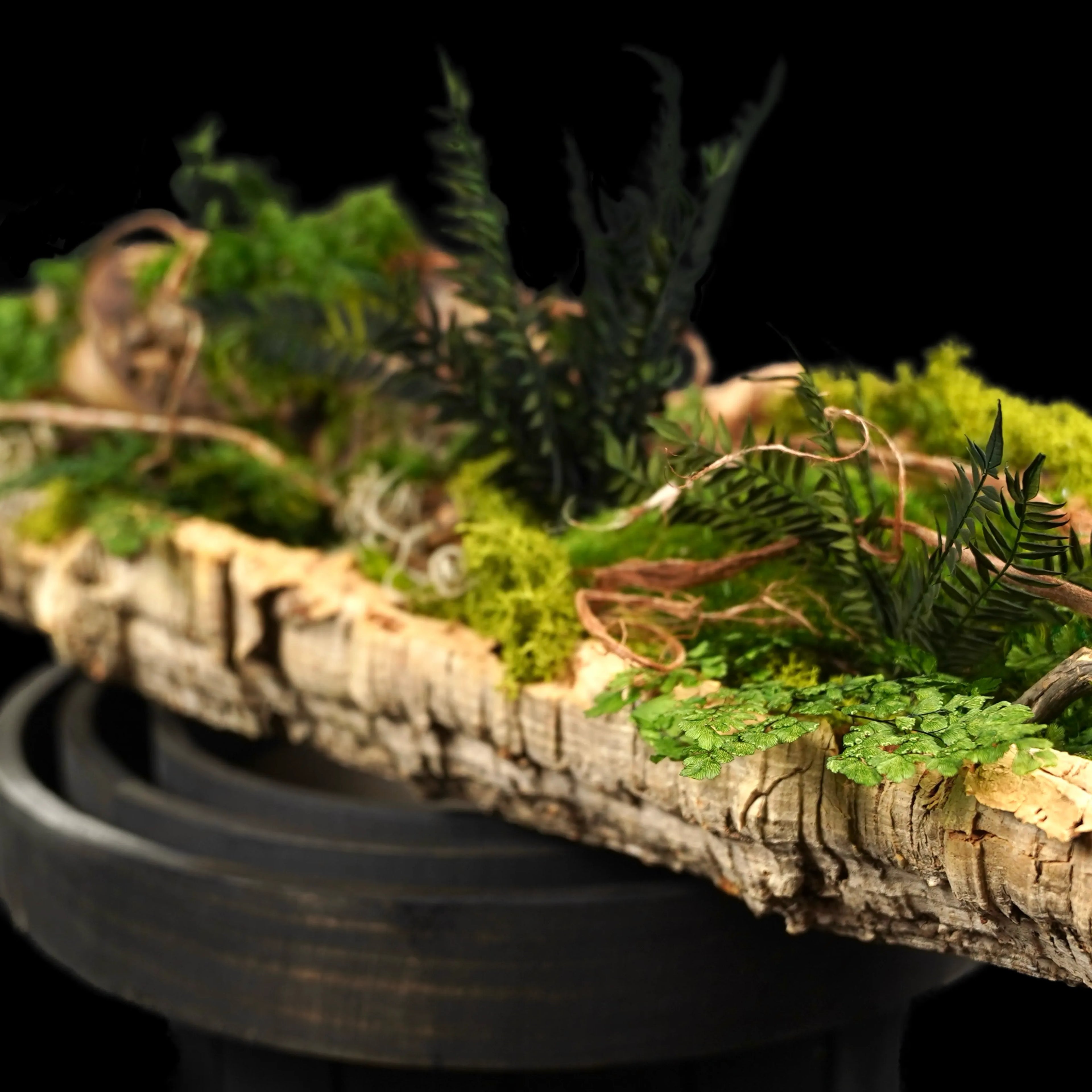 Moosgarten ‚Louisiana‘ - handgemachte Tischdekoration aus stabilisierten grünen Moosen, Pflanzen und Kork - Seitenansicht.