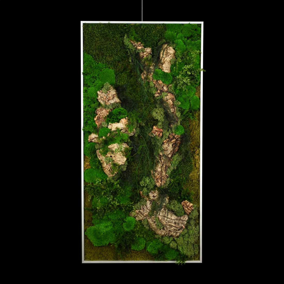 Aufwendig gestaltetes Moosbild mit dem Namen „Canyon“ in einem silberfarbenen Rahmen - eine kunstvolle Wanddekoration aus grünen Moosen, Pflanzen und Kork - Frontansicht.