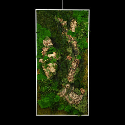 Aufwendig gestaltetes Moosbild mit dem Namen „Canyon“ in einem silberfarbenen Rahmen - eine kunstvolle Wanddekoration aus grünen Moosen, Pflanzen und Kork - Frontansicht.