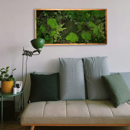 Aufwendig gestaltetes Moosbild „Dawn“ in einem Holzrahmen - eine kunstvolle Wanddekoration aus grünen Moosen und Pflanzen in einem stilvollen Wohnzimmer.