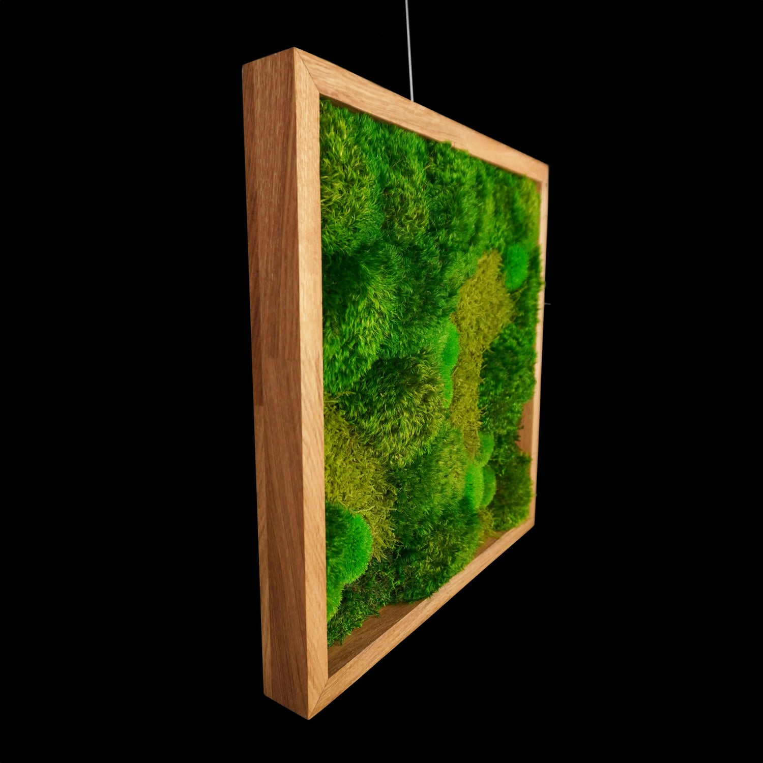 Handgefertigtes Moosbild „Hills &amp; Valleys“ in einem Holzrahmen - eine kunstvolle Wanddekoration aus echten Moosen in verschiedenen Grüntönen, ein Stück Natur für jede Wohnung - Seitenansicht.