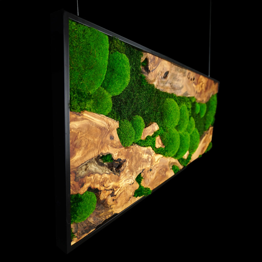 Handgemachtes Moosbild mit dem Namen „Olive“ in einem schwarzen Rahmen - eine kunstvolle Wanddekoration aus grünen Moosen und edlem Holz - Seitenansicht.
