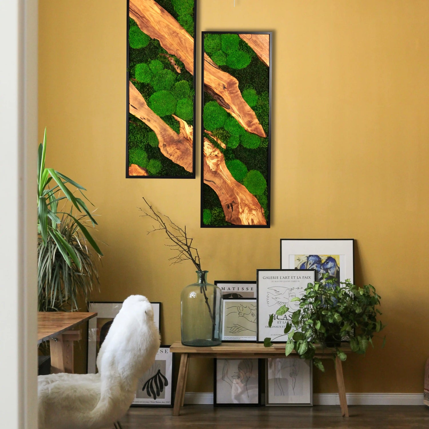 Zweiteiliges Moosbild „Olive Shift“ in schwarzen Rahmen - eine hochwertige Wanddekoration aus grünen Moosen und edlem Olivenholz an einer gelben Wand umgeben von Kunst.