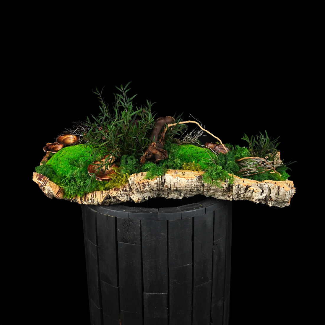 Moosgarten ‚Walden‘ - handgemachte Tischdekoration aus stabilisierten grünen Moosen, Pflanzen und Kork - Frontansicht.